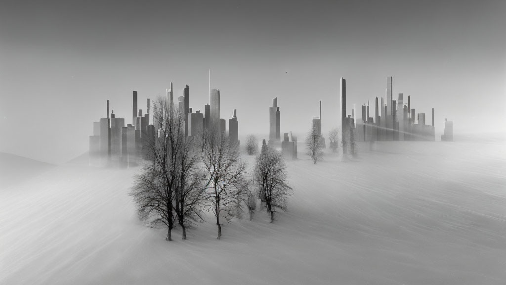Monochrome image of bare trees with ghostly city skyline silhouette