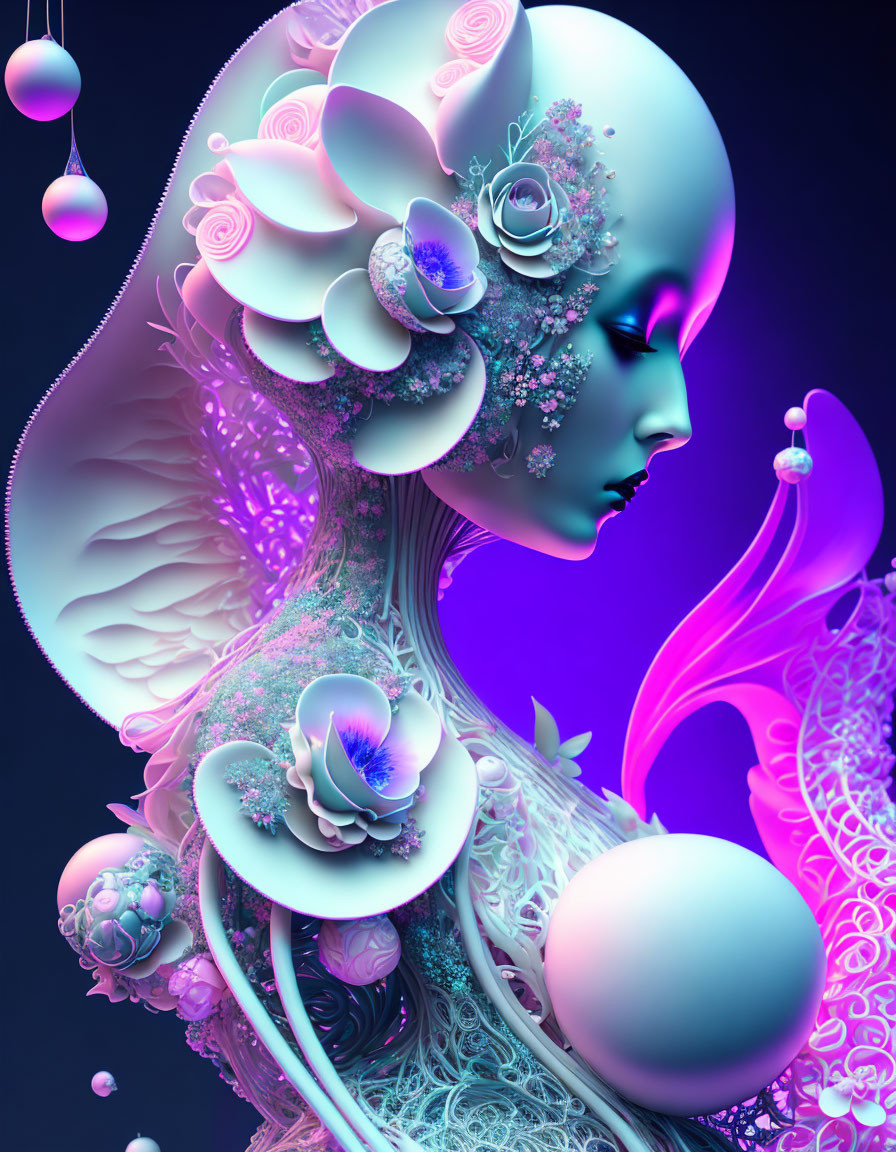 Vibrant Purple and Blue Feminine Figure with Floral Elements