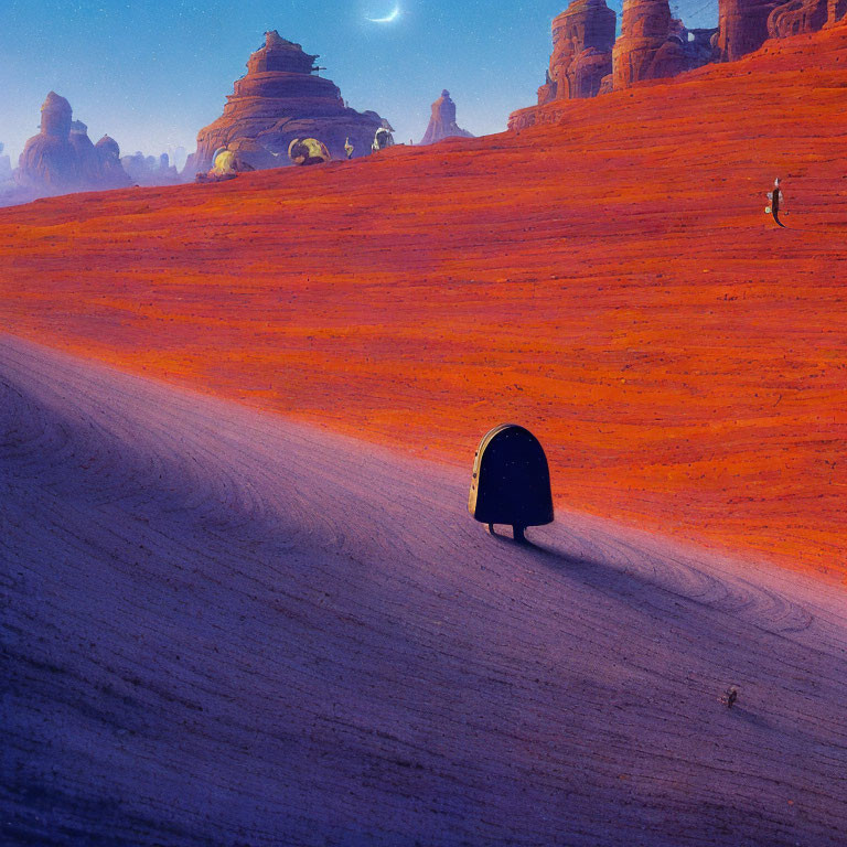 Person walking in red desert with rock formations under blue sky