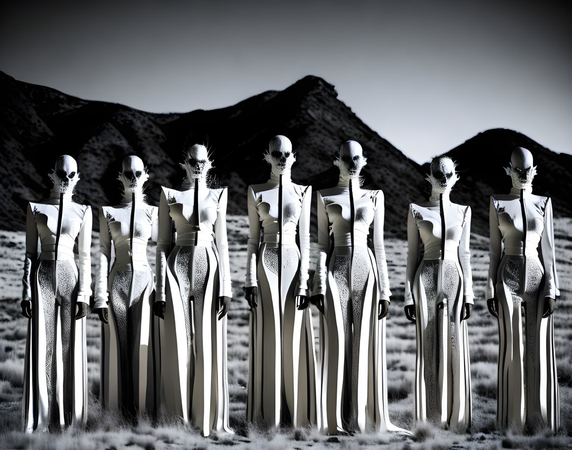 Stylized humanoid figures in desert landscape with hills