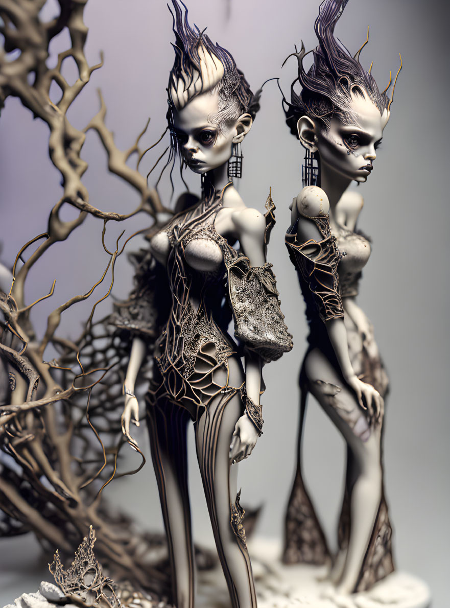 Fantastical female figures with elongated limbs and twig-like adornments beside gnarled branches