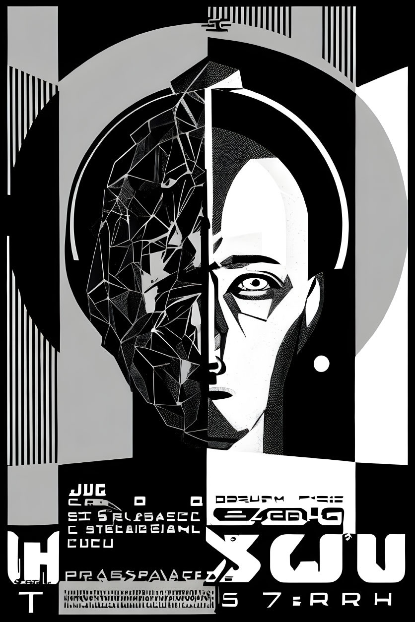 Monochromatic graphic poster: stylized human face with geometric and detailed elements.