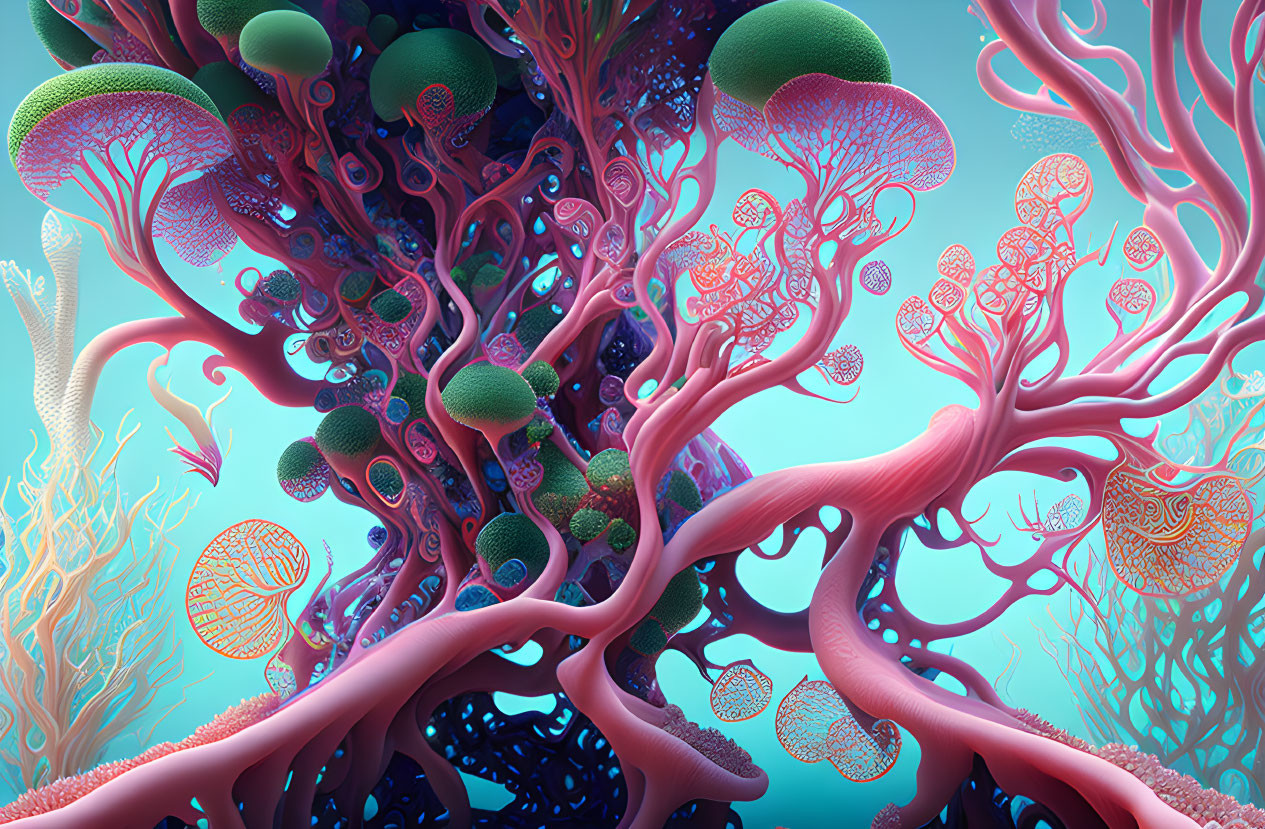 Colorful digital artwork of fantastical underwater scene with coral-like structures & spherical organisms, evoking lush
