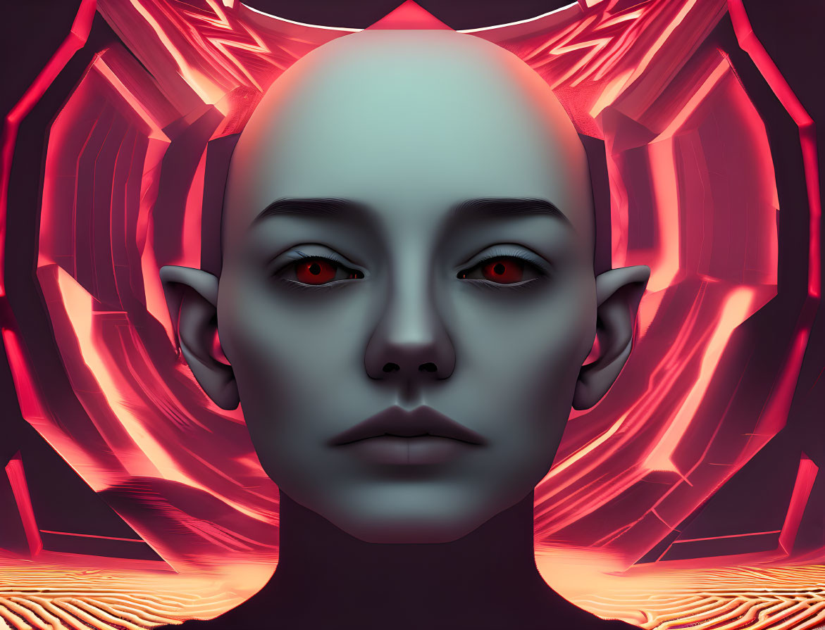 Bald Elf-Eared Figure with Red Eyes on Crimson Abstract Background