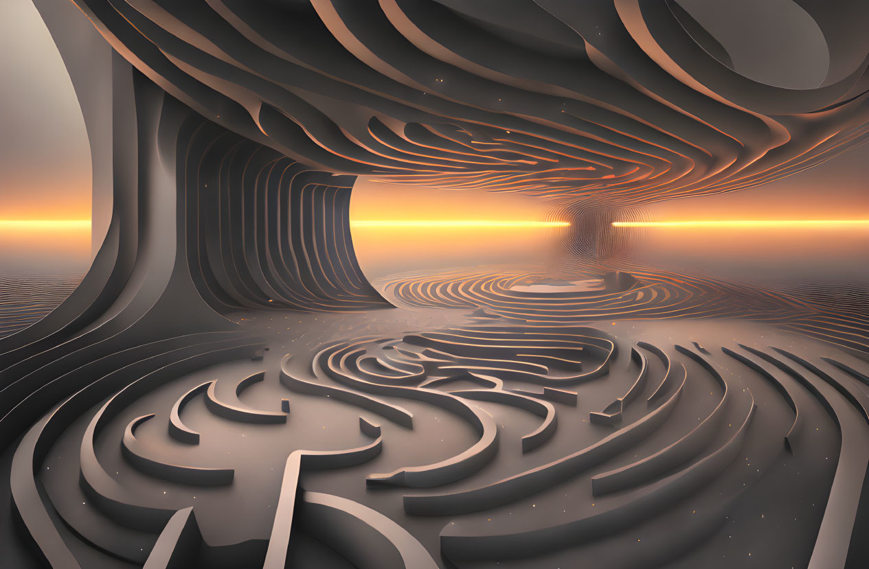 Sculptural 3D landscape with curving structures and labyrinth patterns under warm sunset sky