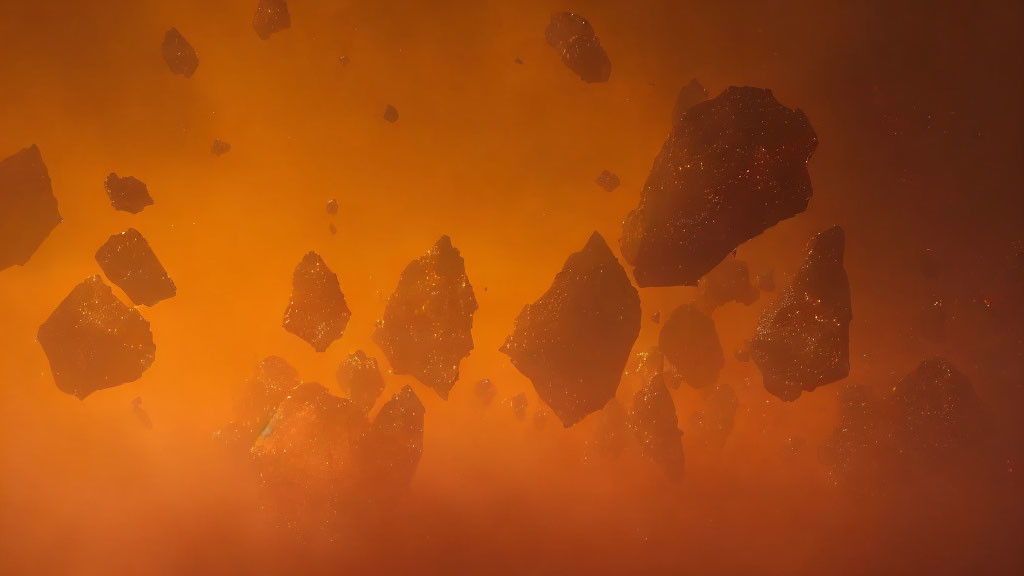Rocky asteroids in deep orange space nebula with warm glow