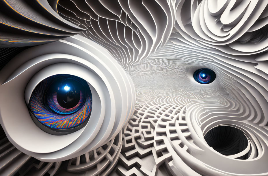Surreal digital artwork: eye in intricate maze with black and white patterns