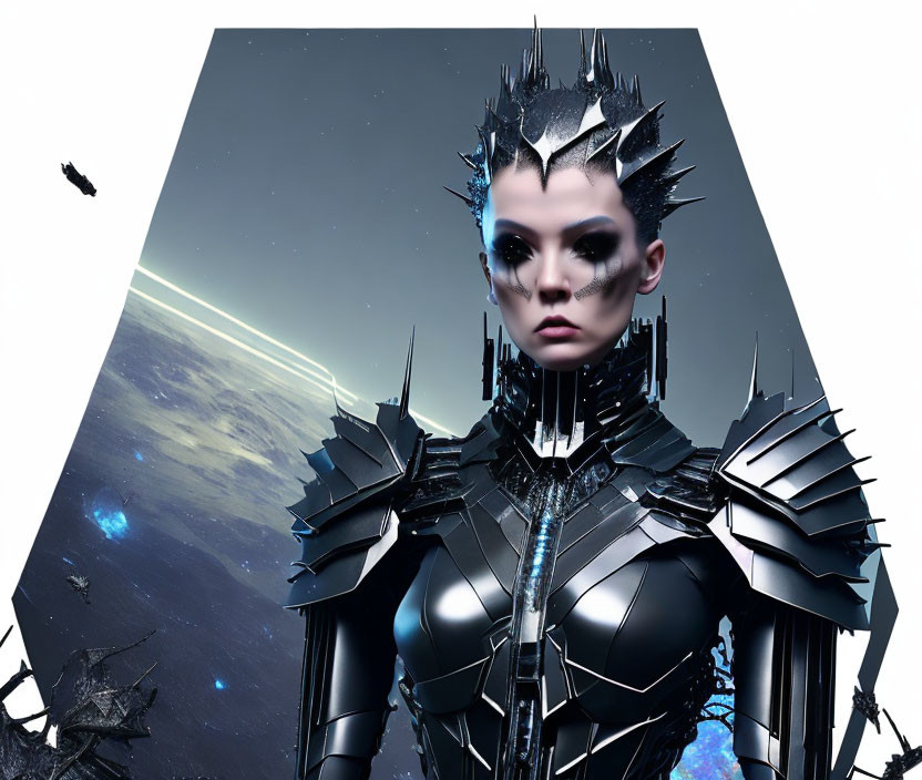 Futuristic woman in spiked armor against planet horizon & space debris