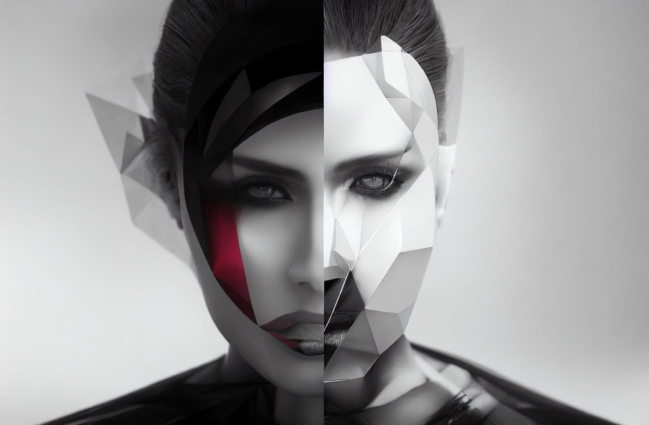 Monochromatic portrait of woman with geometric, fragmented face design