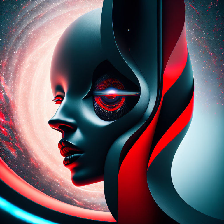 Surreal portrait of female figure with glossy black skin in cosmic setting