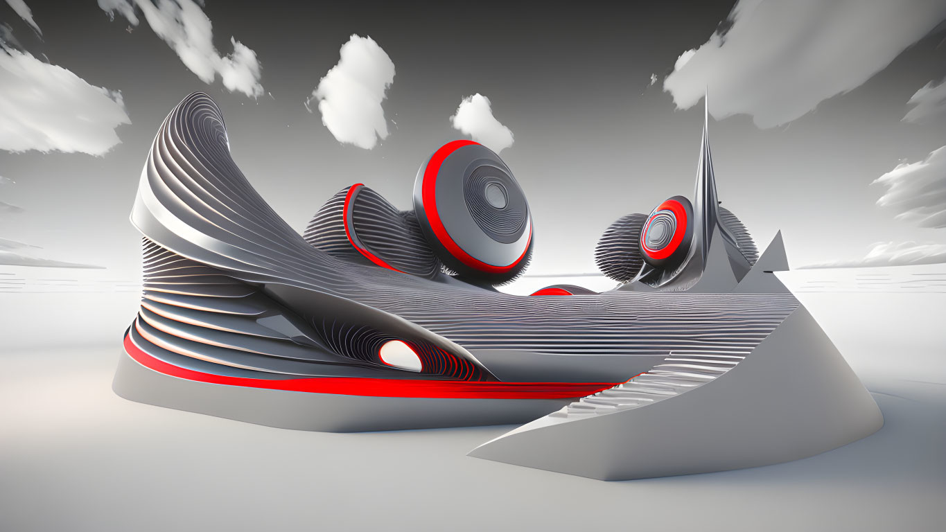 Futuristic abstract structure with circular red details on sky background