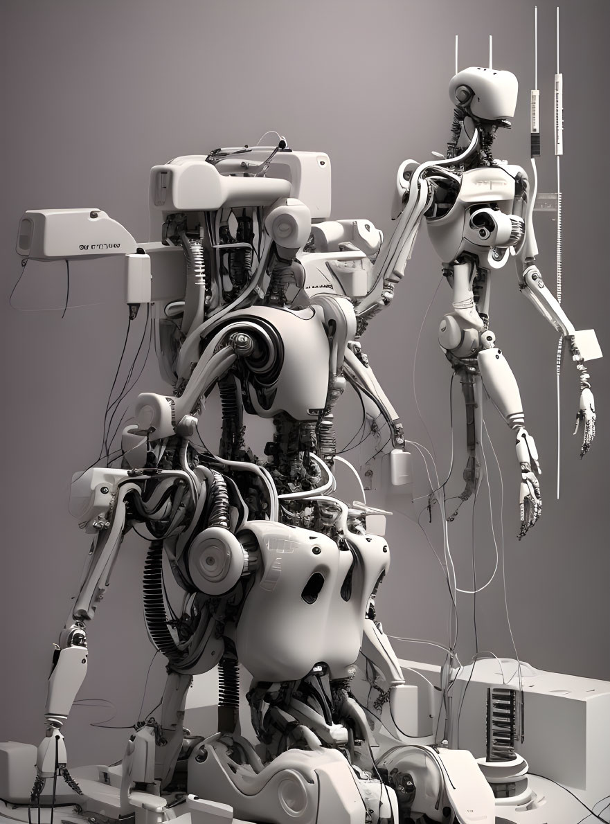 Detailed 3D rendering of interconnected humanoid robots with exposed mechanical parts