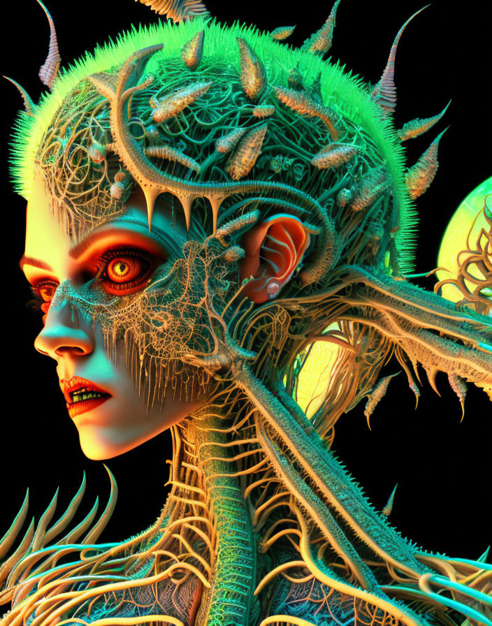 Fantasy makeup woman with horned headpiece in vibrant green and orange hues