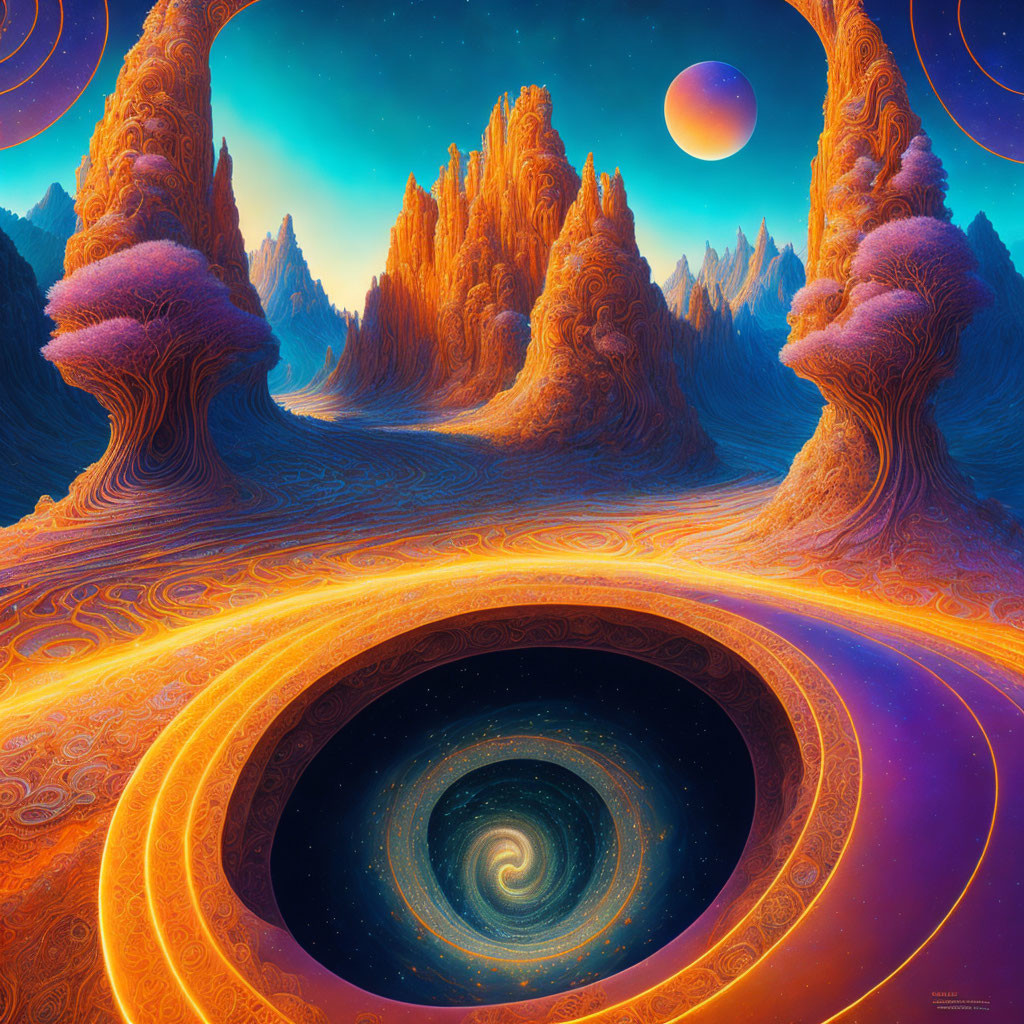 Colorful surreal landscape with twisted trees and swirling portal against alien sky