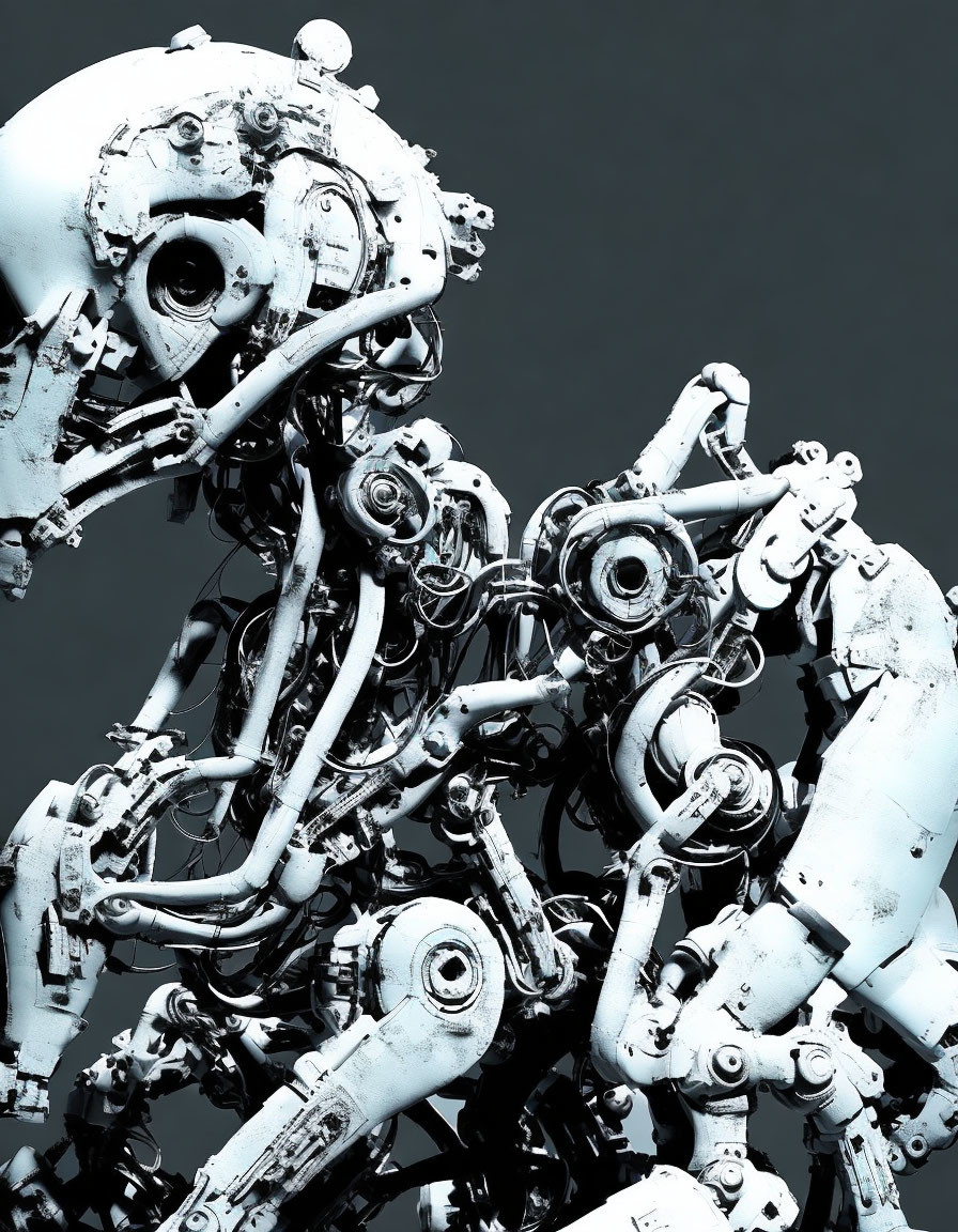 Detailed humanoid robot with intricate mechanical parts on grey backdrop