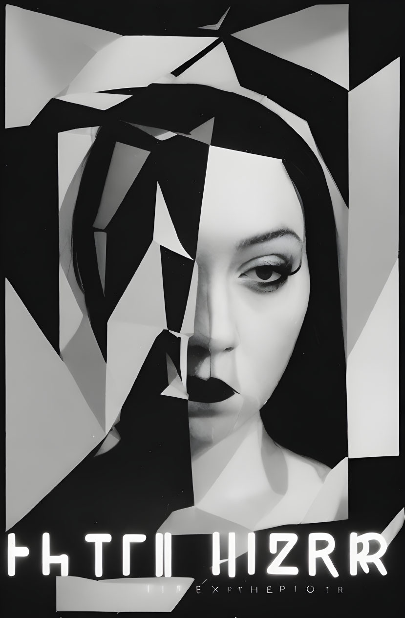 Monochrome artistic image of woman's face with fragmented geometric shapes overlayed
