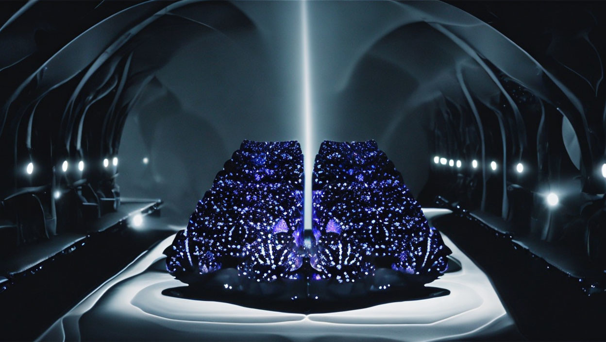 Futuristic glowing blue speckled shoes on pedestal in dark interior