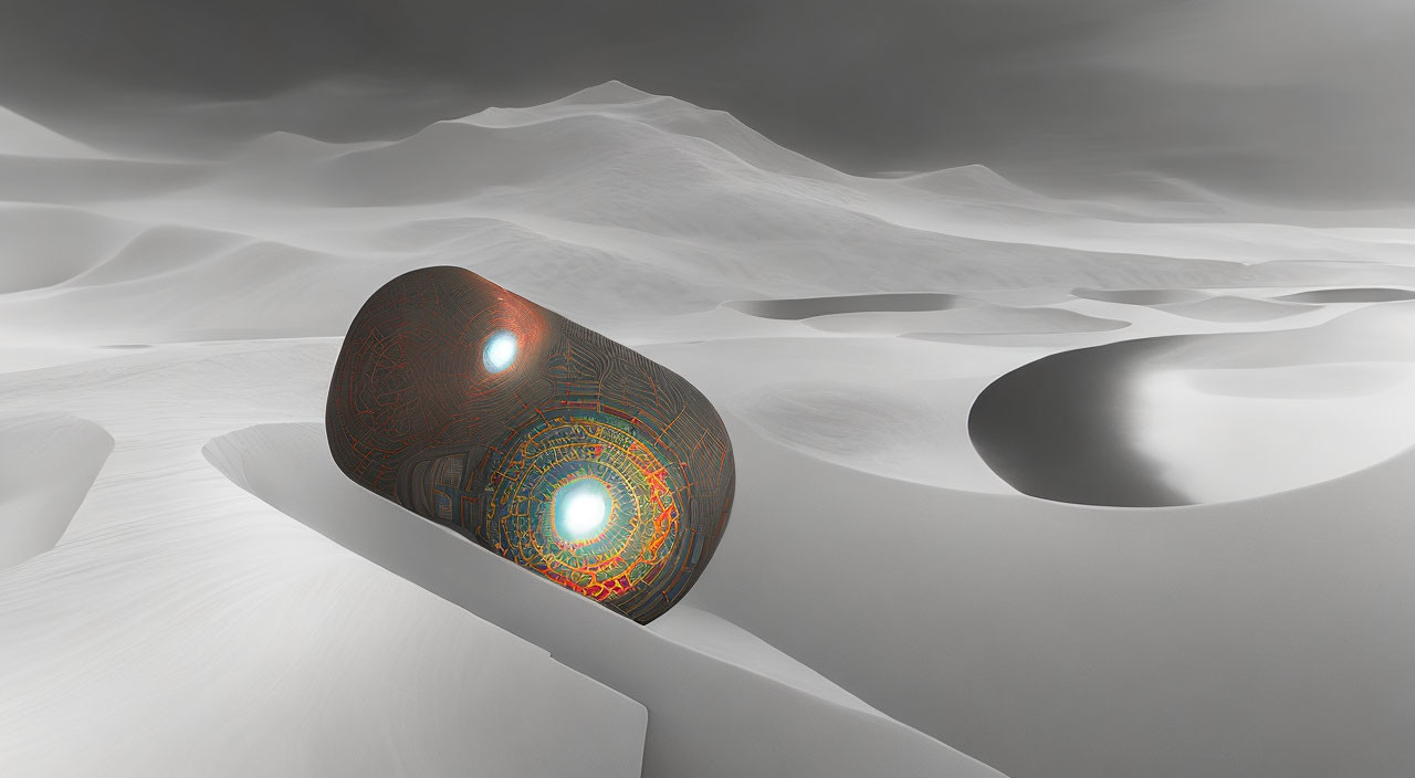 Intricate patterned futuristic capsule in monochromatic dune landscape