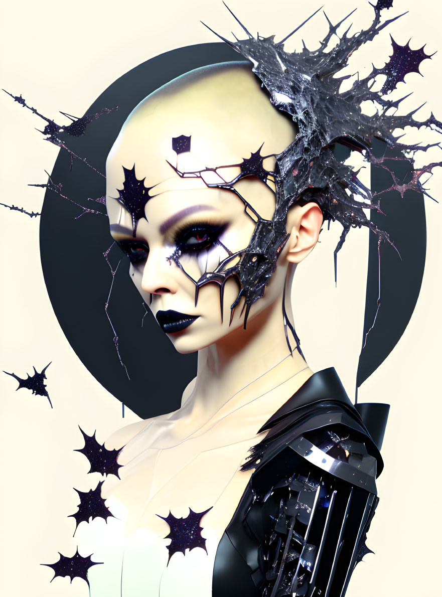 Futuristic bald person with dark eye makeup in glossy black outfit and metallic branch headdress