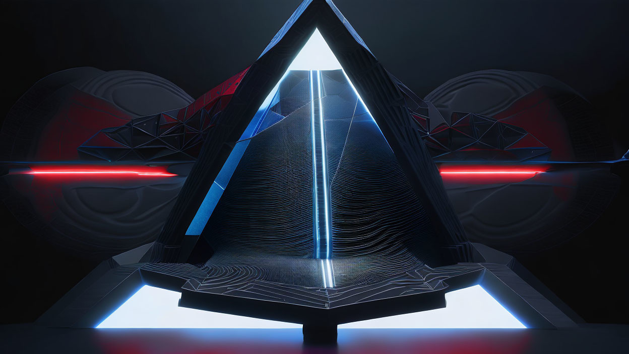 Futuristic triangular structure with blue core and red lights on dark background