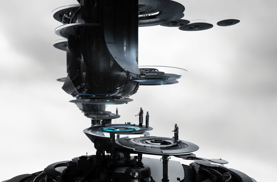 Sleek Black Levels and Platforms with Hovering Discs and Figures in High-Tech Setting