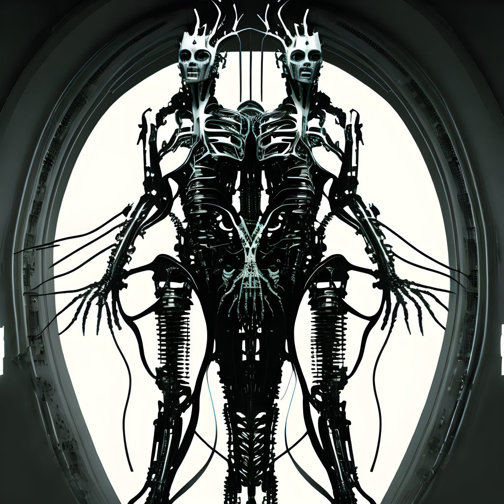 Symmetrical robotic figures with skull-like heads in arched light backdrop