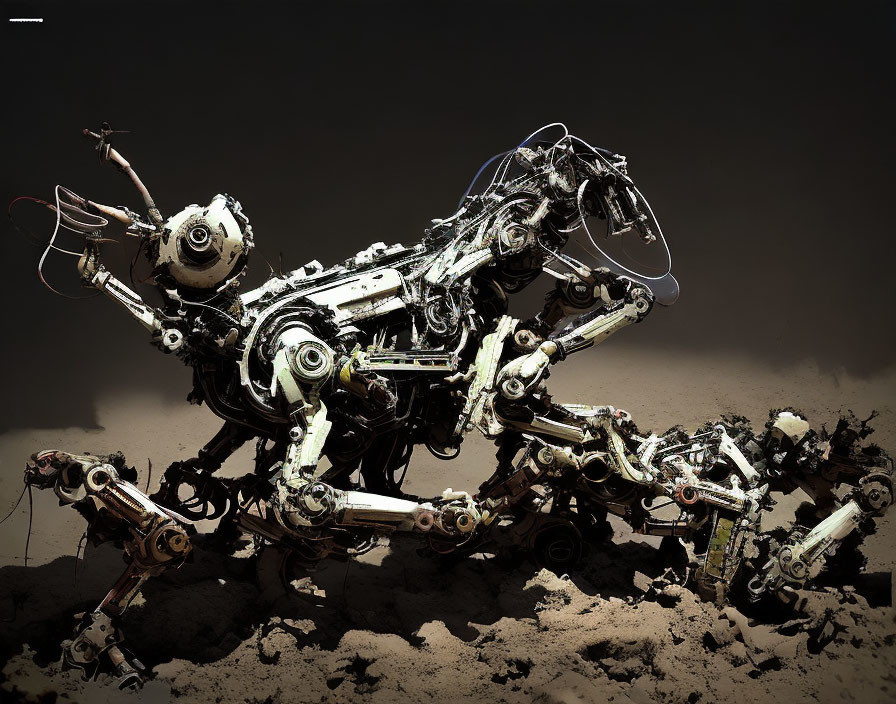 Robotic cheetah figure in full sprint with mechanical parts and cables mimicking animal anatomy