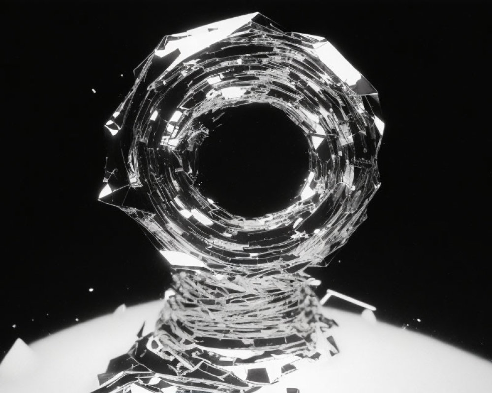 Monochrome image of shattered glass ring on dark background