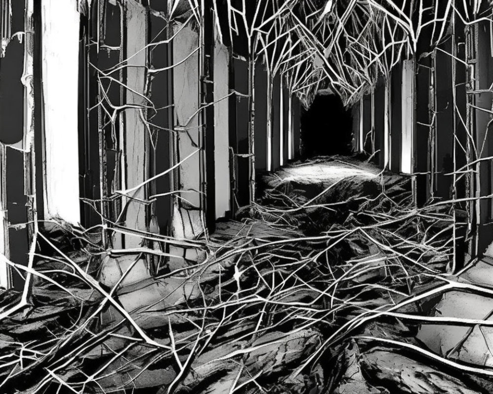 Monochrome eerie abandoned hallway with overgrown branches