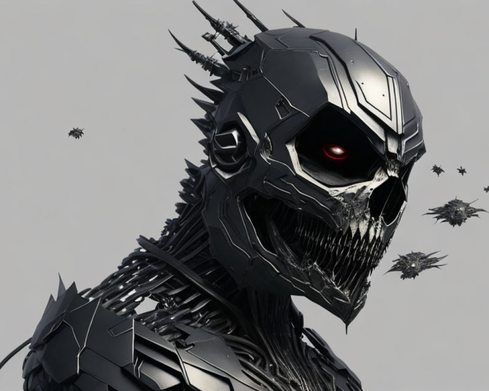 Menacing robotic skull with red eyes and drones on grey background