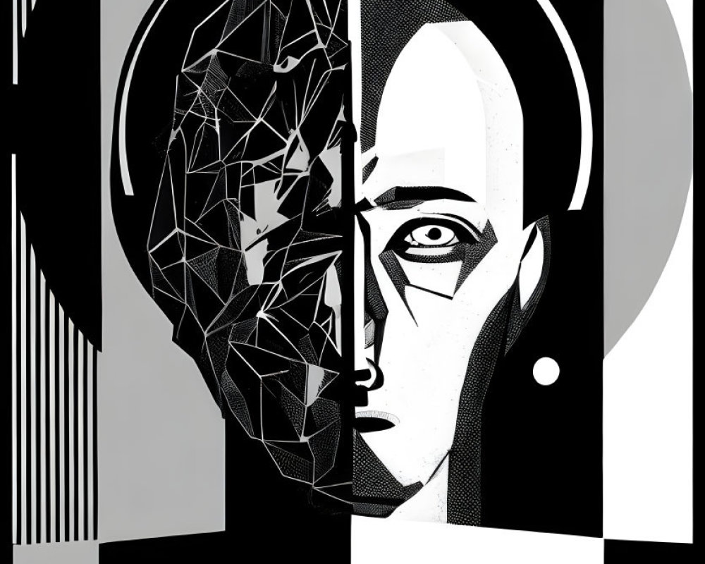 Monochromatic graphic poster: stylized human face with geometric and detailed elements.