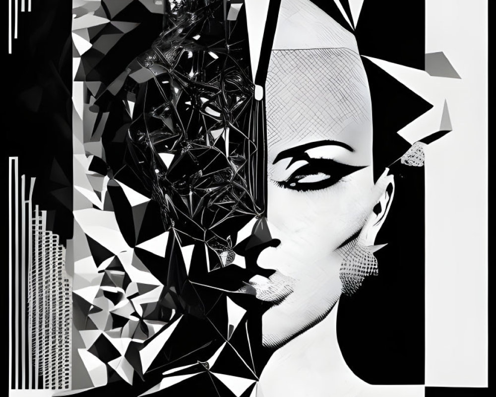 Abstract geometric black and white artwork of stylized female face