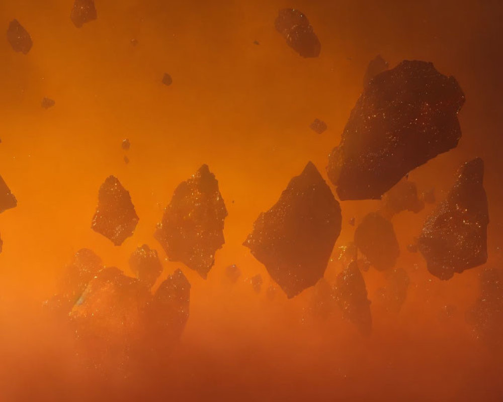 Rocky asteroids in deep orange space nebula with warm glow