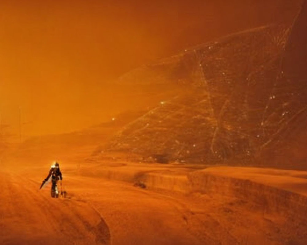 Astronaut walking on stormy Martian landscape with rocky terrain