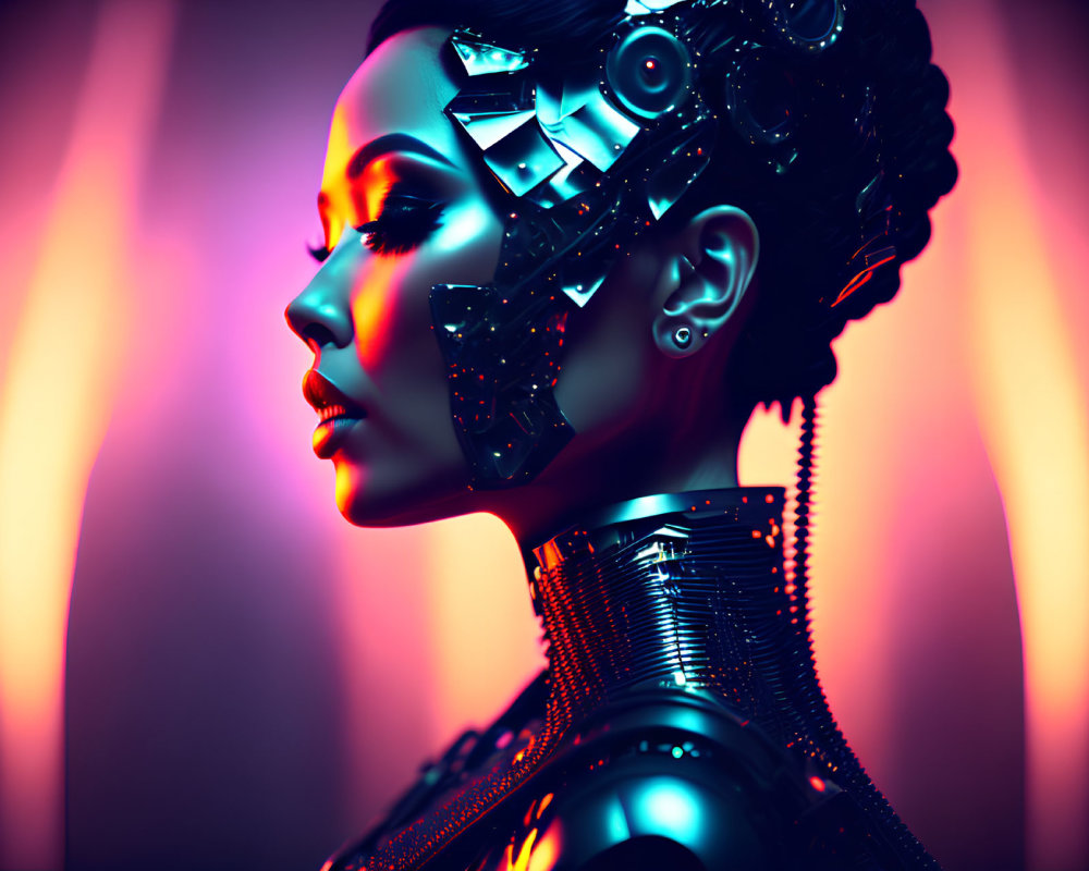 Female figure with cybernetic enhancements on neon background
