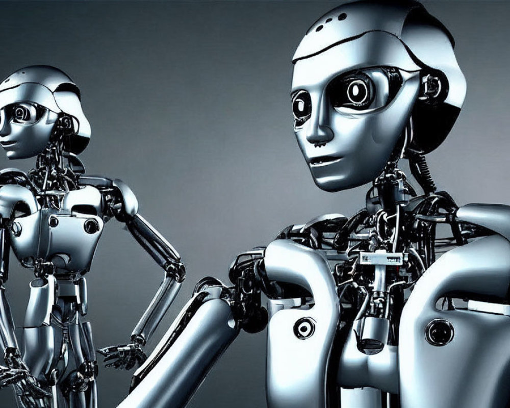 Detailed humanoid robots with visible mechanical joints on gray background