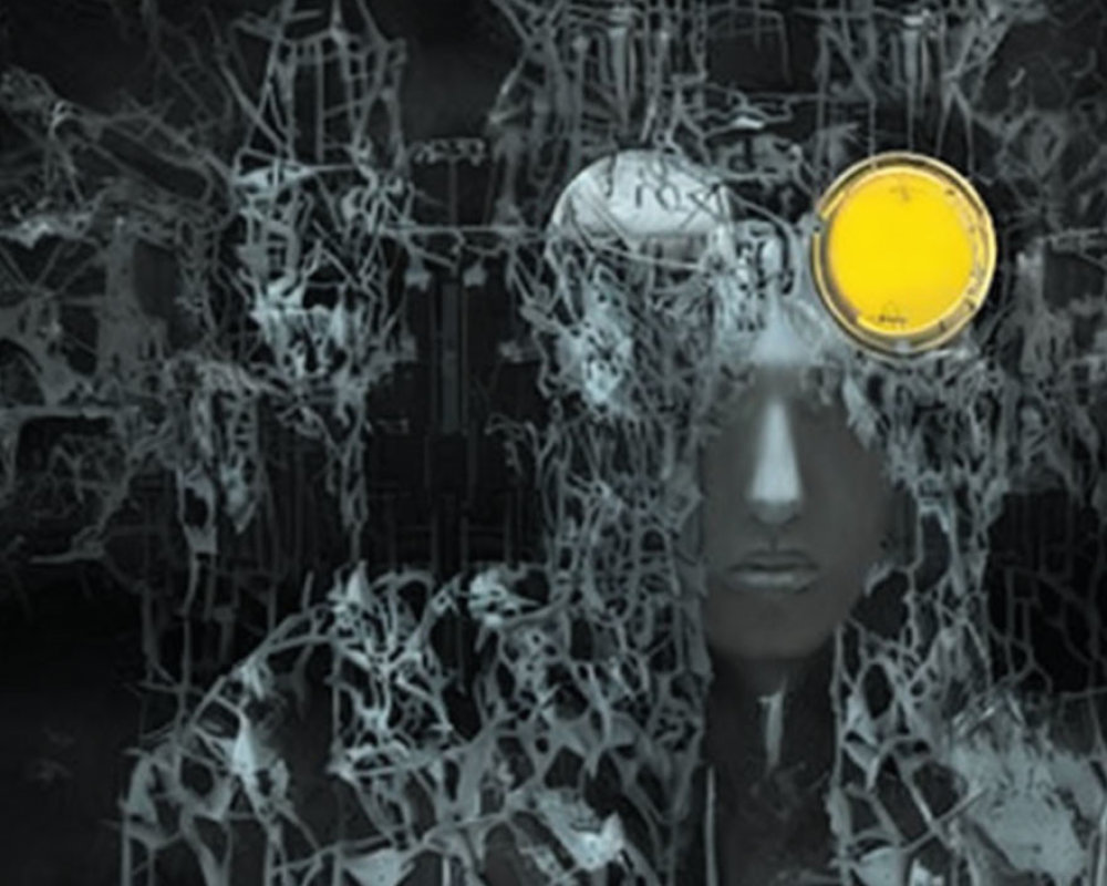 Person's face obscured by white fractal pattern, wearing yellow goggles on dark background