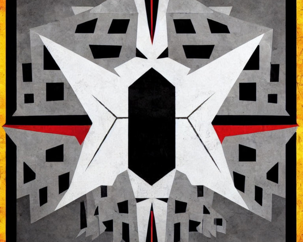 Symmetrical geometric star design in gray, black, white, and red tones on textured yellow background