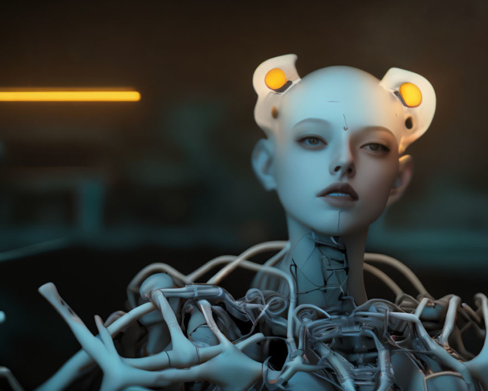 Pale-faced humanoid robot with yellow eyes surrounded by wires and exposed circuitry