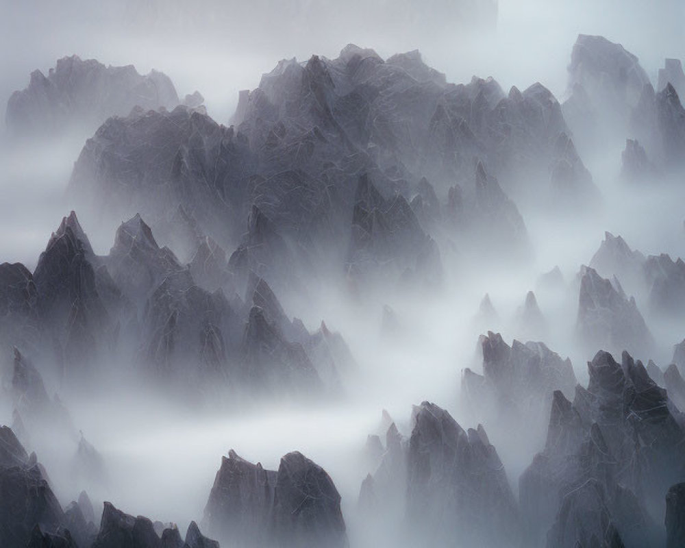Misty layered mountain peaks in serene monochromatic landscape
