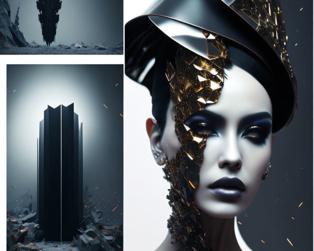Futuristic collage: monolith, avant-garde portrait, icy tower