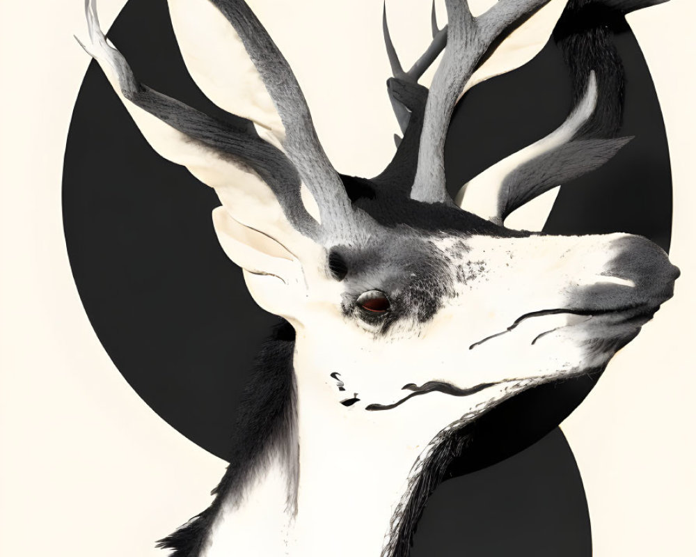 Surreal black and white deer portrait on beige background