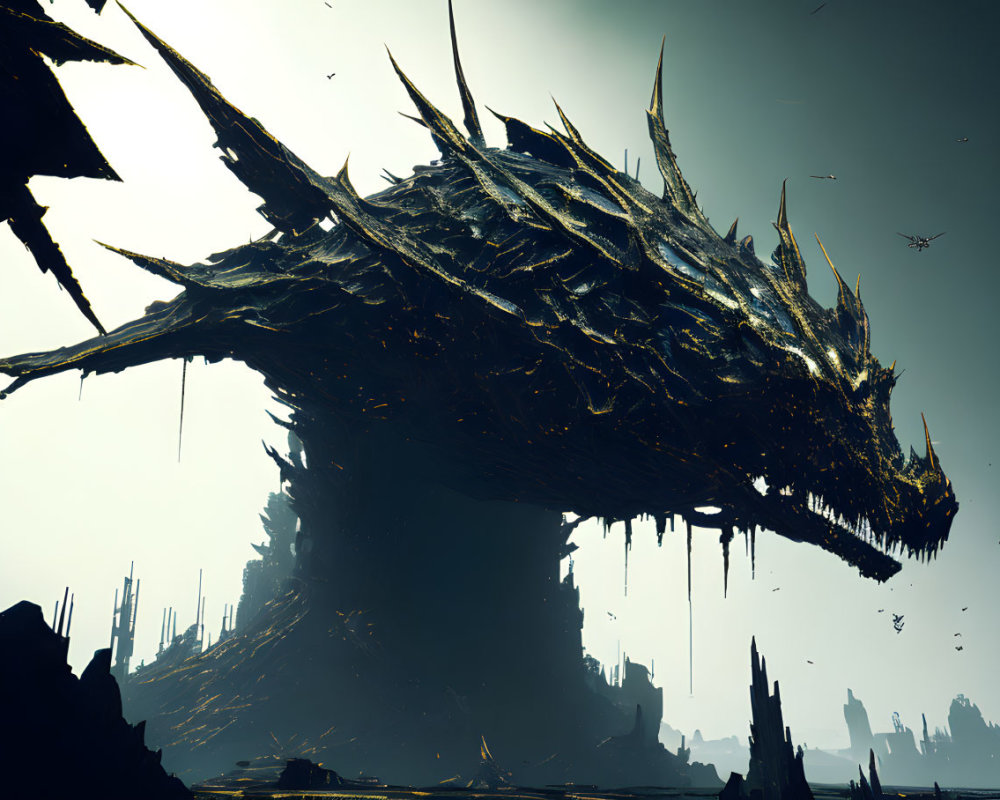 Gigantic spiky dragon in desolate, rocky landscape under gloomy sky