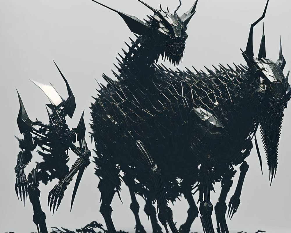 Silhouettes of menacing, spiky metal creatures against a mythological backdrop