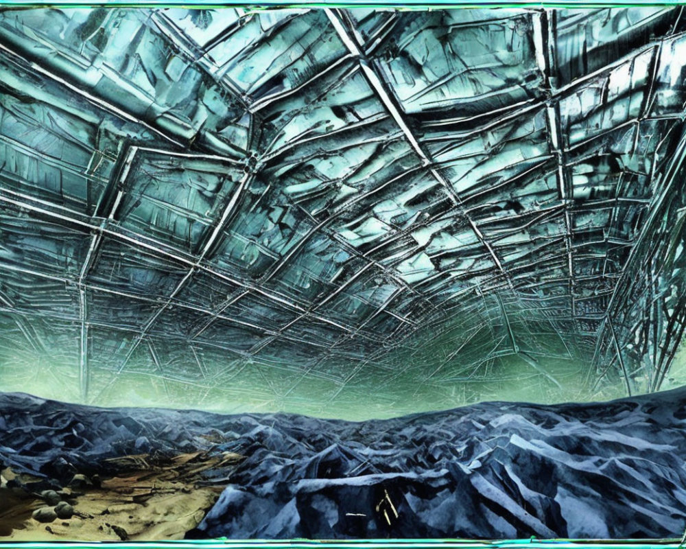 Geometric green crystal ceiling in cavernous space