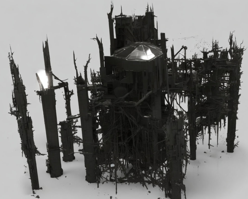 Dark dystopian structure with sharp spires and metallic dome in 3D rendering