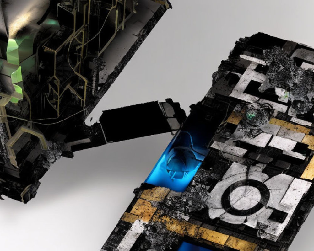 Futuristic digital artwork: intersecting mechanical structures in gold, blue, and monochrome