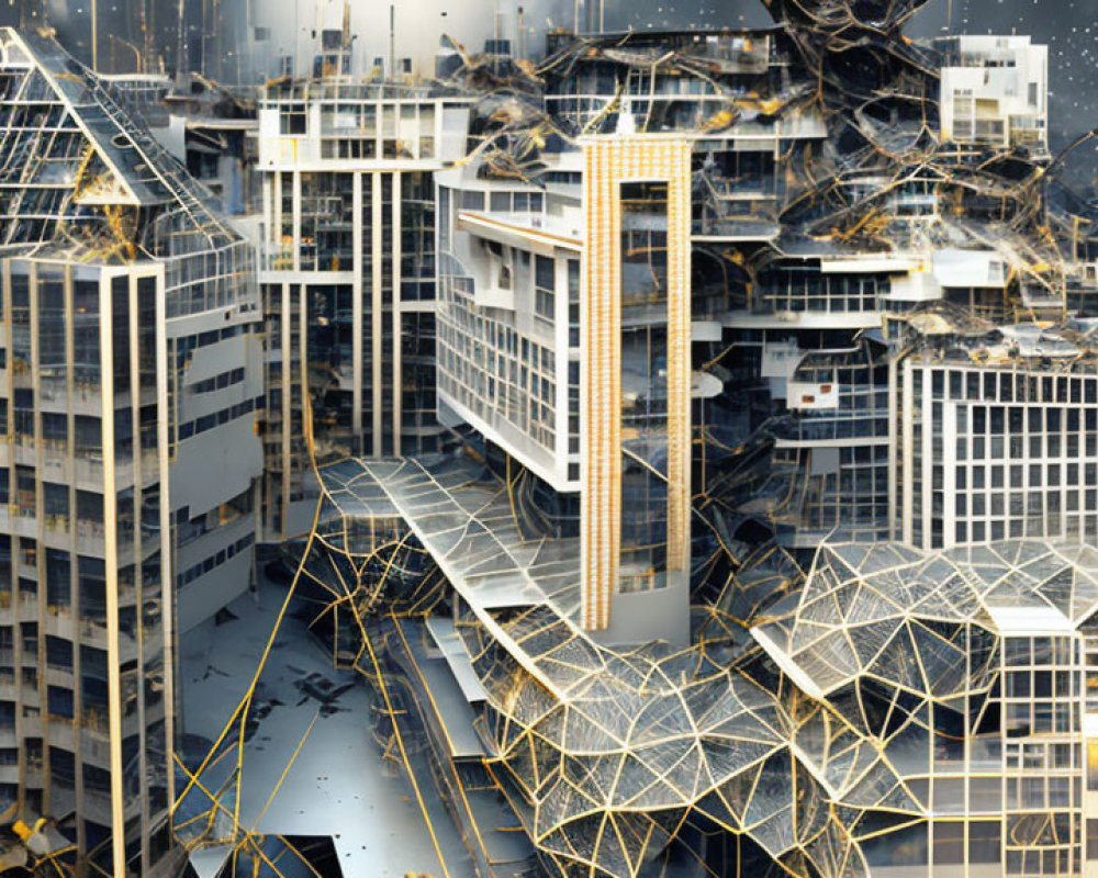 Futuristic cityscape with interconnected buildings and glowing golden network