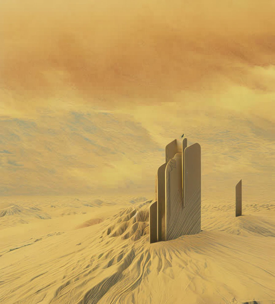 Surreal desert landscape with golden sand and abstract monolithic shapes