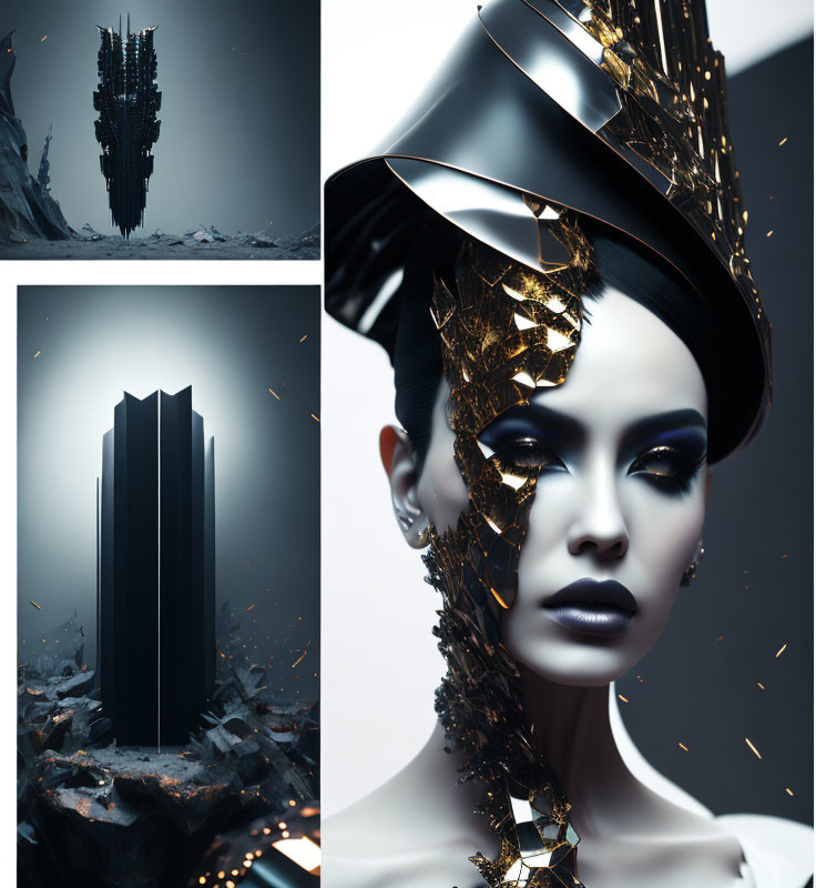 Futuristic collage: monolith, avant-garde portrait, icy tower